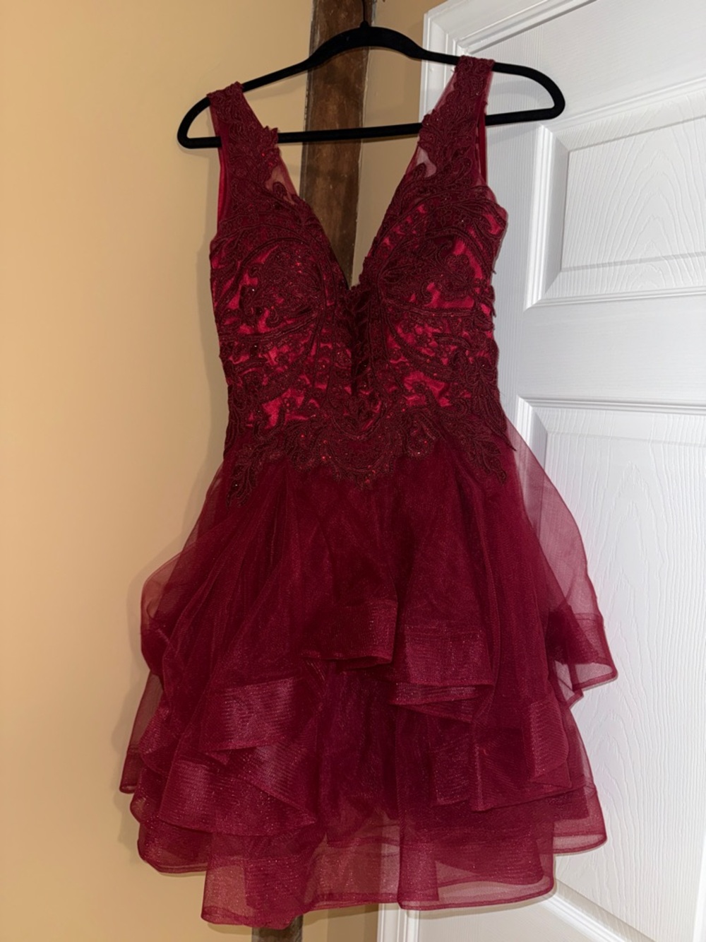 Embellished Burgundy V-Neck Mini Dress with Handkerchief Skirt